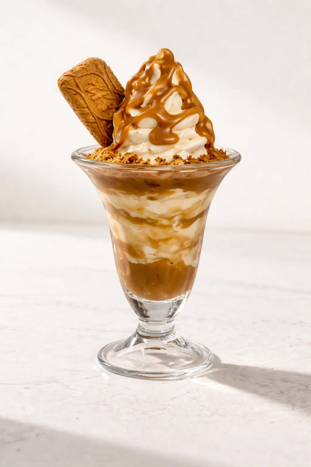 The Lotus Biscoff Sundae in a footed glass.