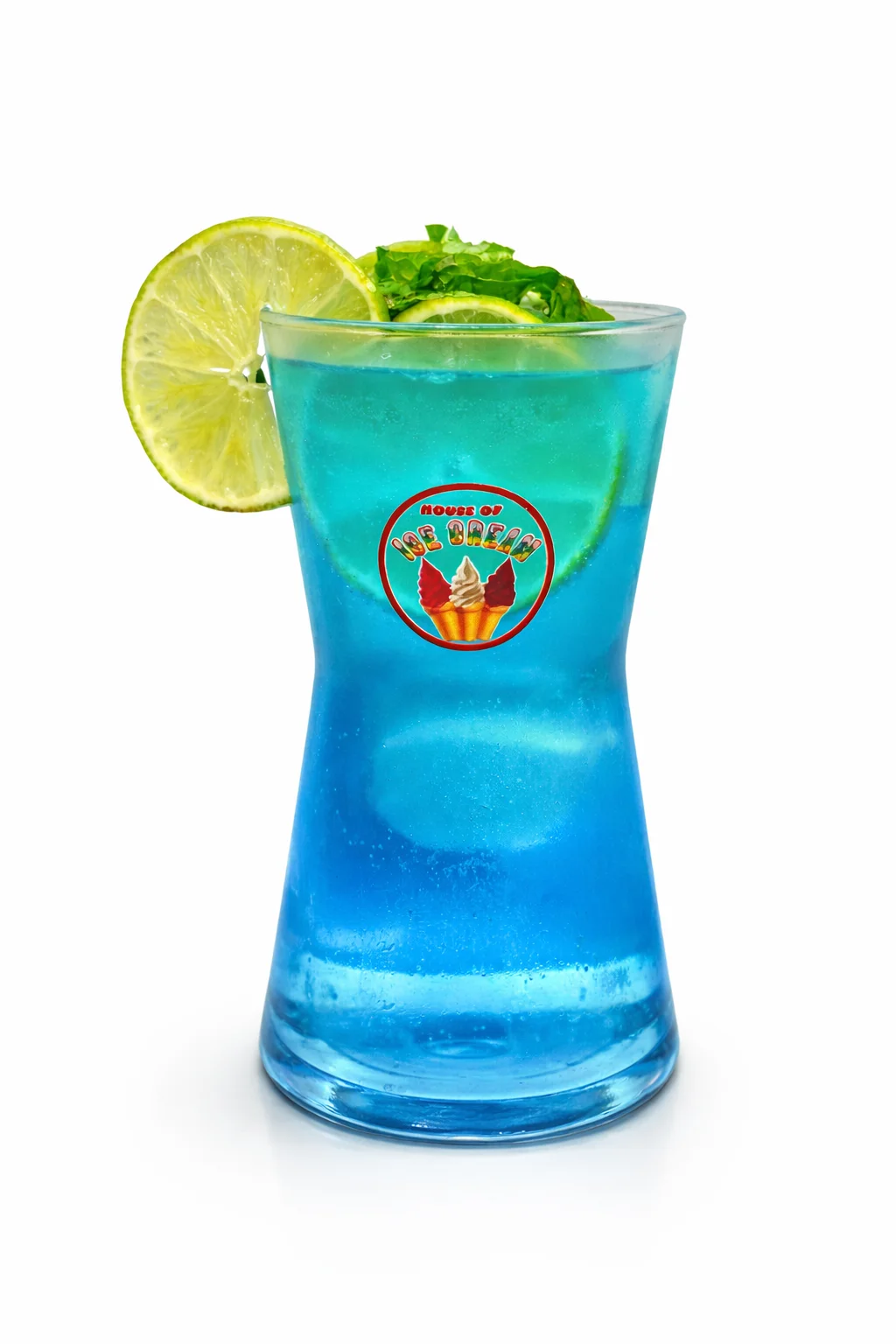A bright blue mojito with lime and mint in a tall glass.