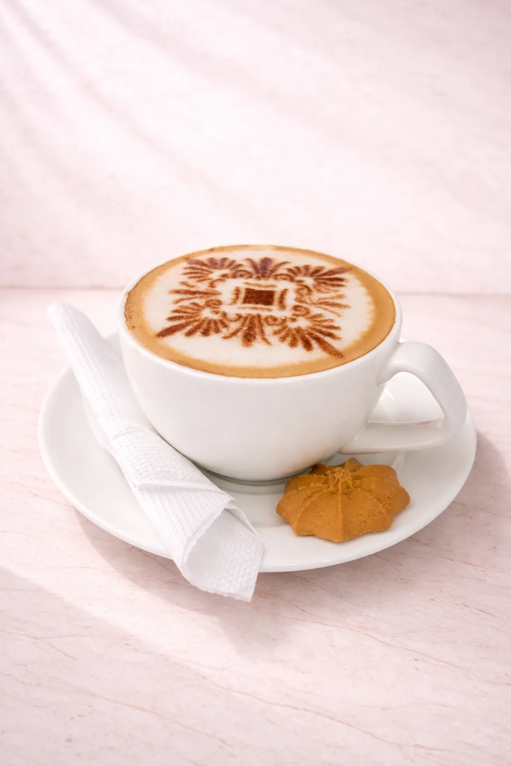 A cappuccino with decorative cocoa art, served with a biscuit.