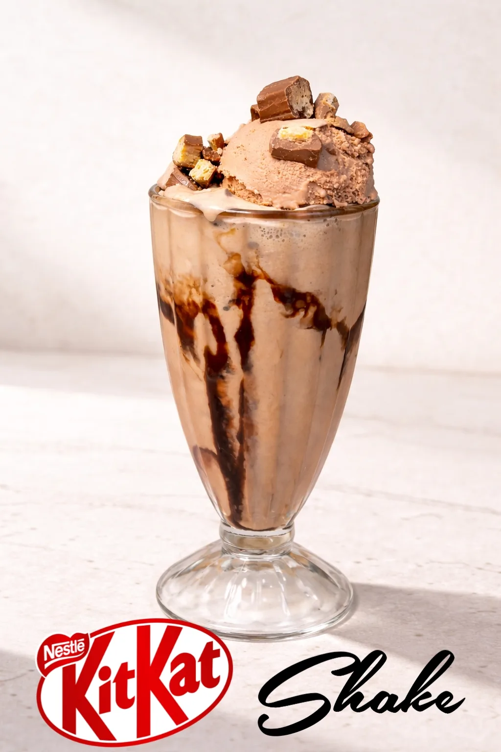 A chocolate KitKat shake topped with chocolate ice cream and pieces of KitKat.