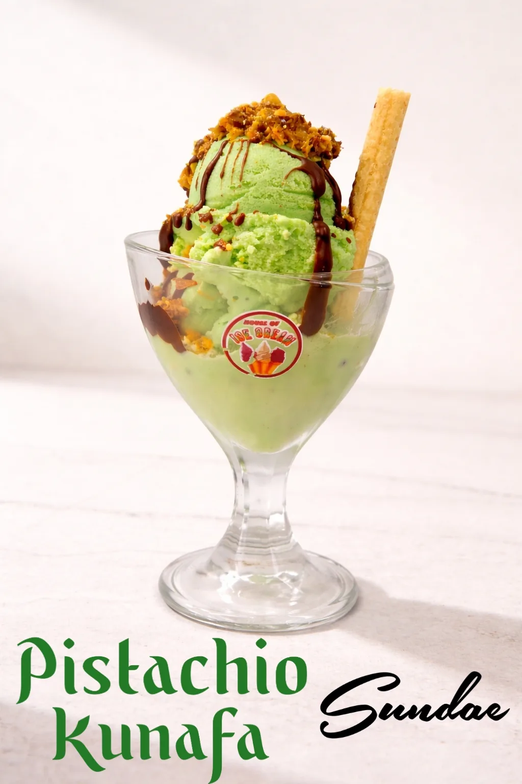 A pistachio kunafa sundae with green ice cream, pistachio crumbs and a wafer.