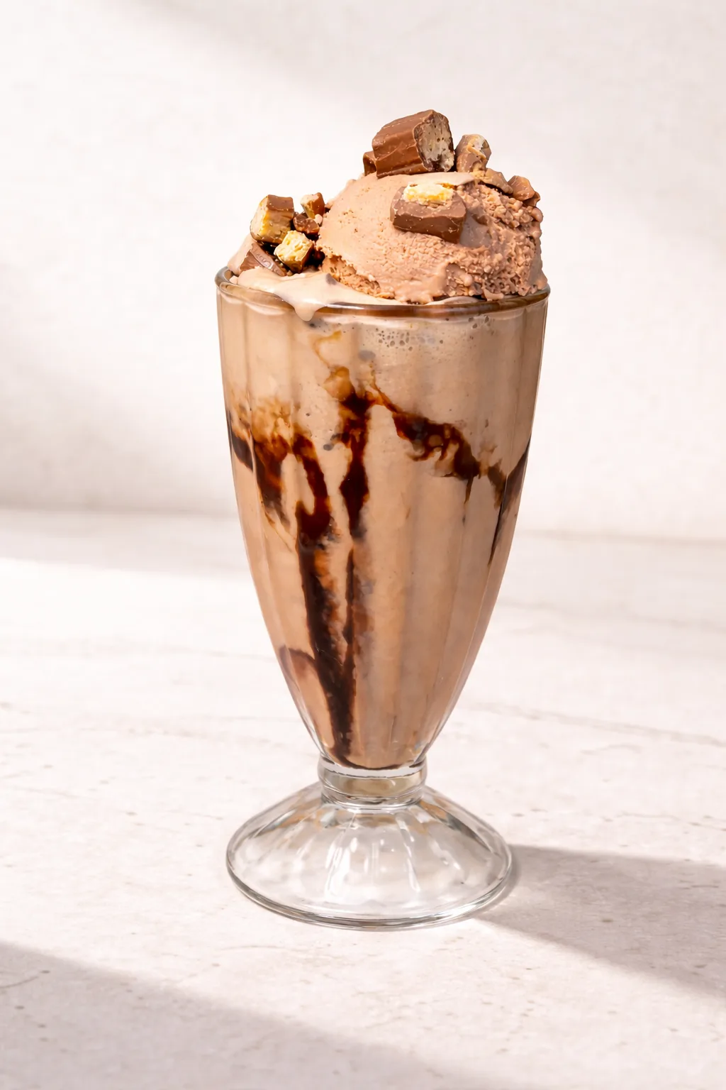 A tall chocolate shake topped with a scoop of chocolate ice cream and chunks of chocolate bar.