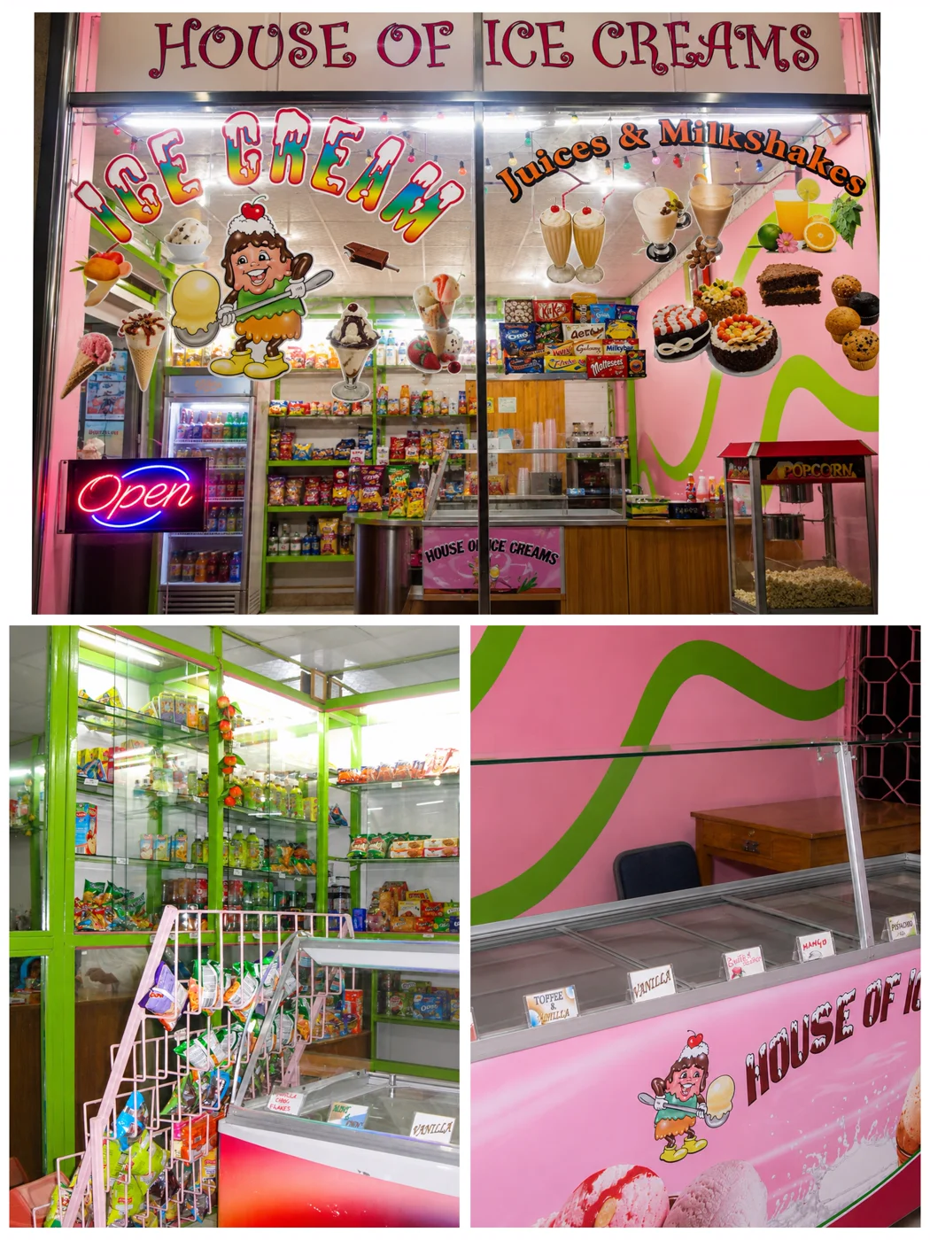 A collage of the original pink and green House of Ice Cream shopfront, counter and seating in 2008.