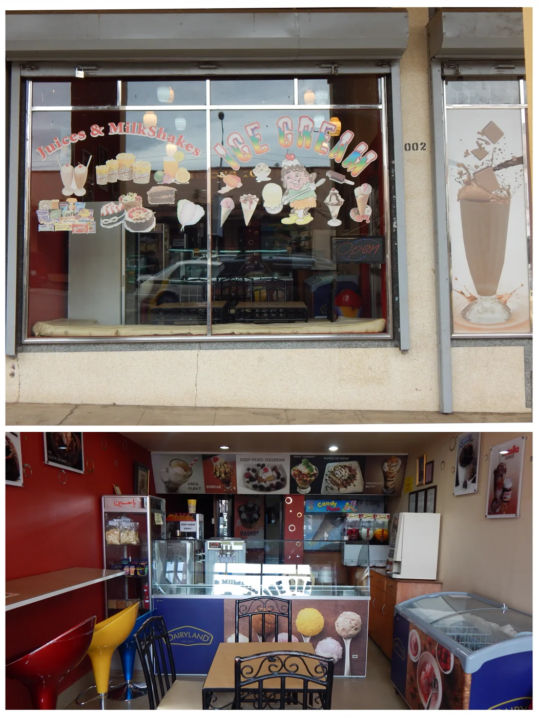 The shopfront and red-walled parlour with its service counter and seating in 2016.