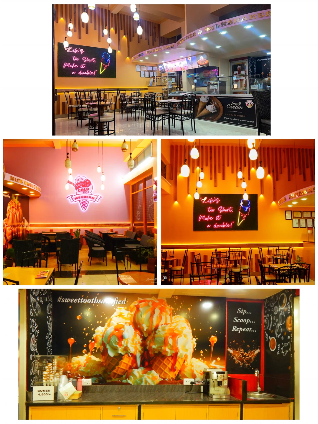 The renovated parlour with orange walls, pendant lighting and the pink neon sign.