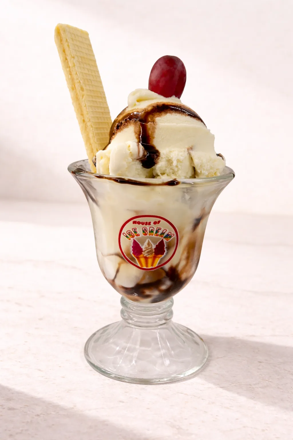 A vanilla sundae in a footed glass with chocolate sauce, a wafer and a grape on top.